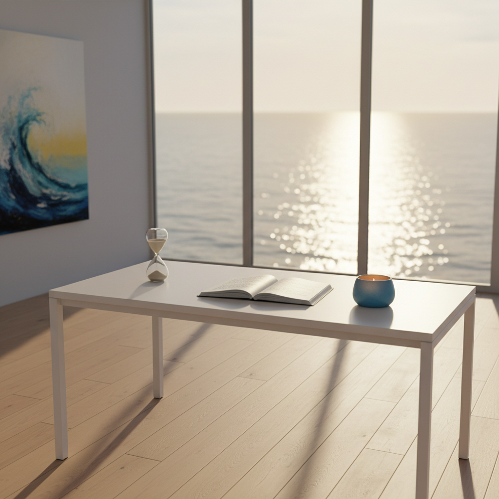 A spacious, minimalist coaching workspace with a clean white desk facing a large window that overlooks a calm, shimmering sea under a gentle morning sun. On the desk sits an open notebook with neatly written reflections, a slim sand-colored hourglass, and a softly glowing, ocean-blue ceramic mug. The room has pale wooden floors and light grey walls with a single abstract artwork suggesting waves and sunlight. Natural golden light floods in, casting soft, elongated shadows and creating a serene, hopeful atmosphere. Photographic realism, shot at eye level with a slightly wide angle, using shallow depth of field so the desk is crisp while the sea and sun outside blur into a soothing, dreamy background. The mood is calm, clear and subtly playful, ideal for a coaching homepage hero image.